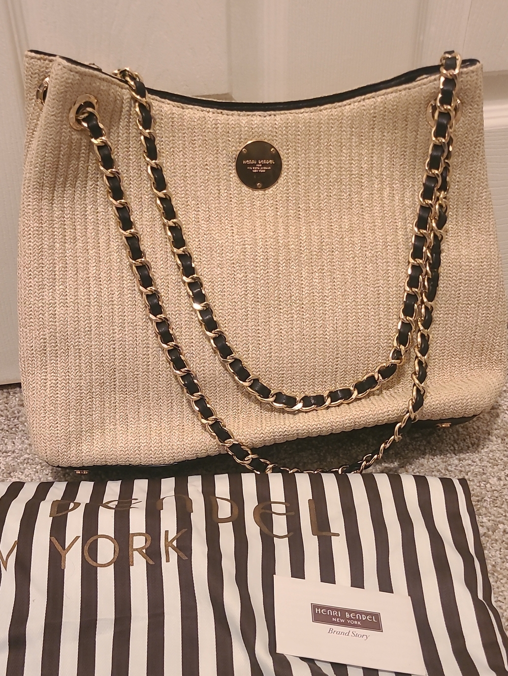 henri bendel Cream Woven Shoulder Bag with Gold Chain Straps